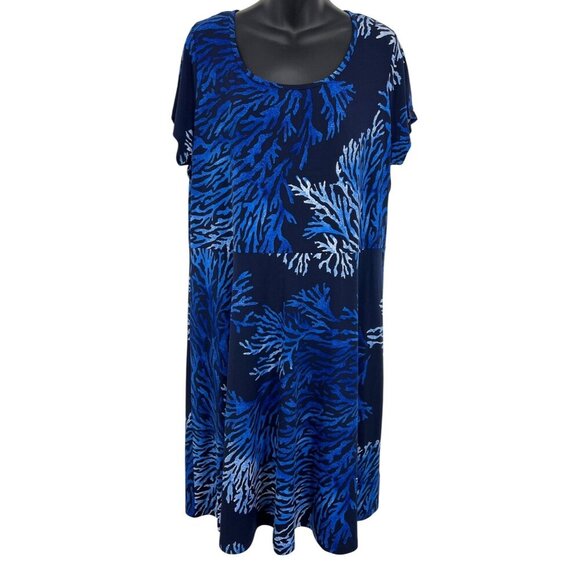 Michael Kors Womens Plus 1X Blue Navy Coral Shell Short Sleeve Scoop Dress New - Picture 1 of 10